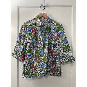 Choices Petite Linen Zebra Floral Print Blazer Jacket 3/4 Sleeve - Womens PL